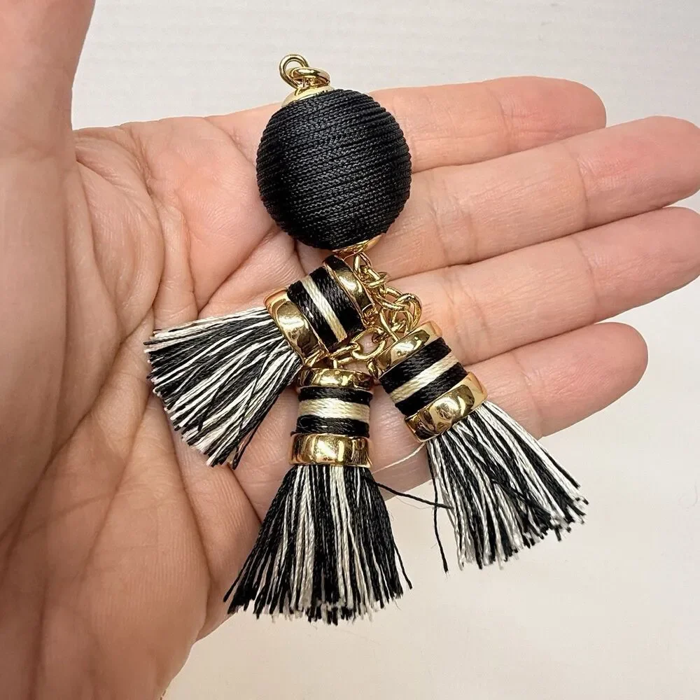 Talbots Gold Black And White Thread Wrapped Sphere W/Tassels Long Necklace